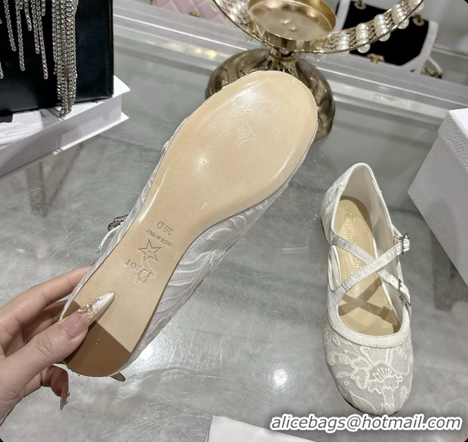 Sumptuous Dior Very Dior Ballet Flat Shoes Transparent Mesh Embroidered with White Millefiori Motif 6062408