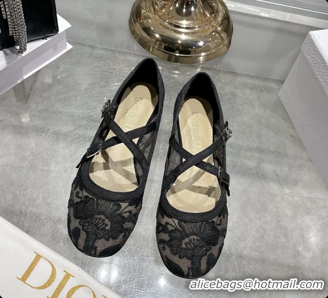 Hot Style Dior Very Dior Ballet Flat Shoes Transparent Mesh Embroidered with Black Millefiori Motif 6062408