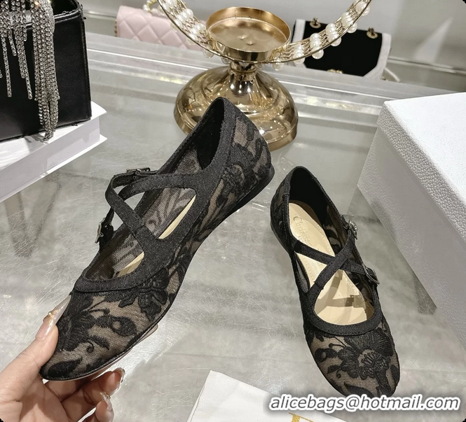 Hot Style Dior Very Dior Ballet Flat Shoes Transparent Mesh Embroidered with Black Millefiori Motif 6062408