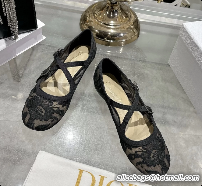 Hot Style Dior Very Dior Ballet Flat Shoes Transparent Mesh Embroidered with Black Millefiori Motif 6062408