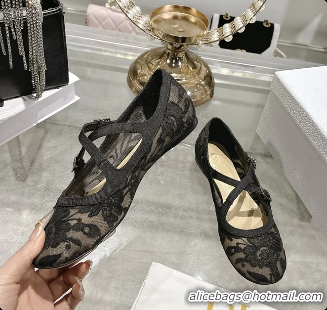 Hot Style Dior Very Dior Ballet Flat Shoes Transparent Mesh Embroidered with Black Millefiori Motif 6062408