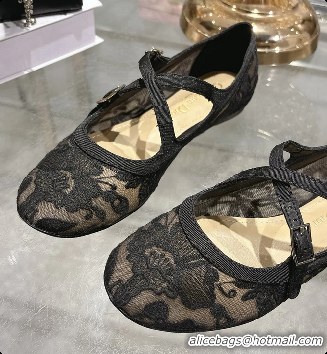 Hot Style Dior Very Dior Ballet Flat Shoes Transparent Mesh Embroidered with Black Millefiori Motif 6062408