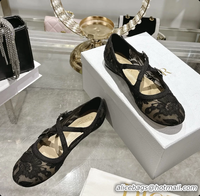 Hot Style Dior Very Dior Ballet Flat Shoes Transparent Mesh Embroidered with Black Millefiori Motif 6062408