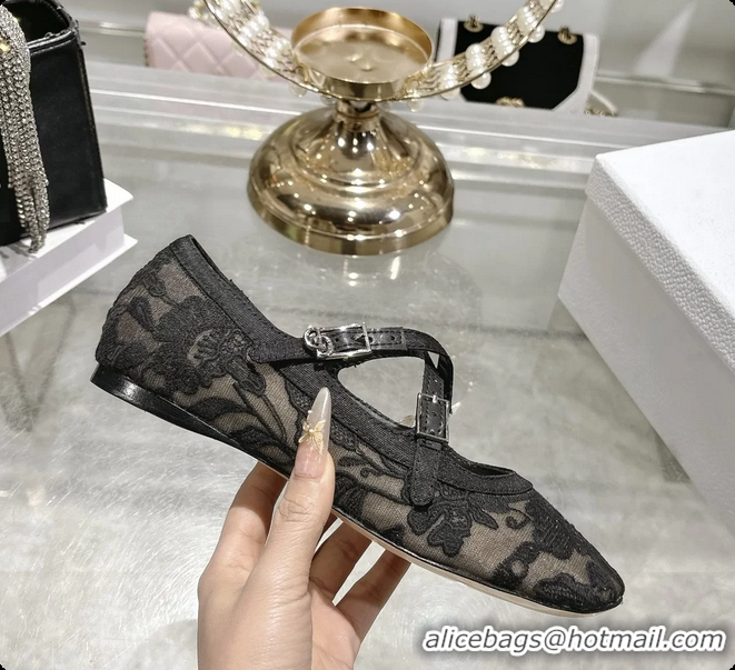Hot Style Dior Very Dior Ballet Flat Shoes Transparent Mesh Embroidered with Black Millefiori Motif 6062408