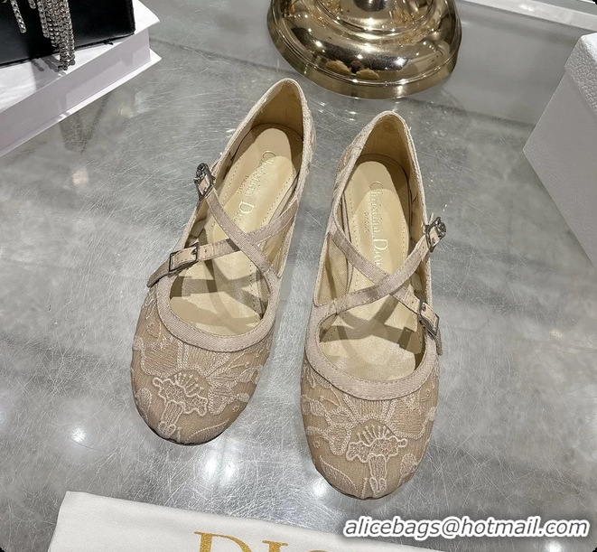 Fashion Dior Very Dior Ballet Flat Shoes Transparent Mesh Embroidered with Beige Millefiori Motif 6062408