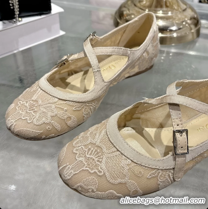 Fashion Dior Very Dior Ballet Flat Shoes Transparent Mesh Embroidered with Beige Millefiori Motif 6062408