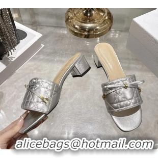 Grade Dior Cannage Heeled Slide Sandals Shoes Silver Quilted Cannage Lambskin 50MM 6062409