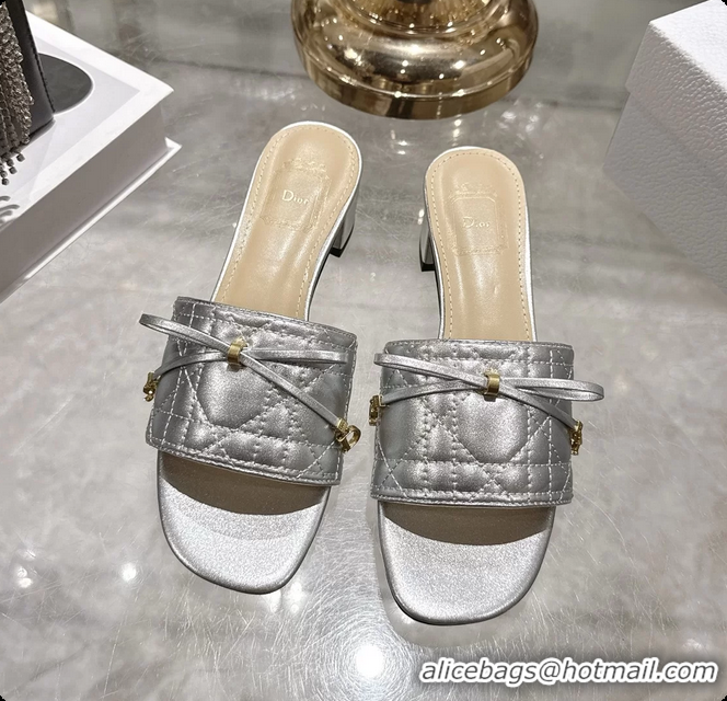 Grade Dior Cannage Heeled Slide Sandals Shoes Silver Quilted Cannage Lambskin 50MM 6062409