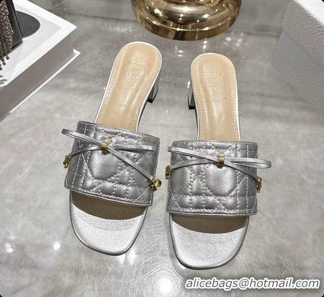 Grade Dior Cannage Heeled Slide Sandals Shoes Silver Quilted Cannage Lambskin 50MM 6062409