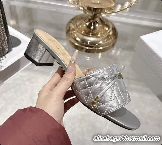 Grade Dior Cannage Heeled Slide Sandals Shoes Silver Quilted Cannage Lambskin 50MM 6062409