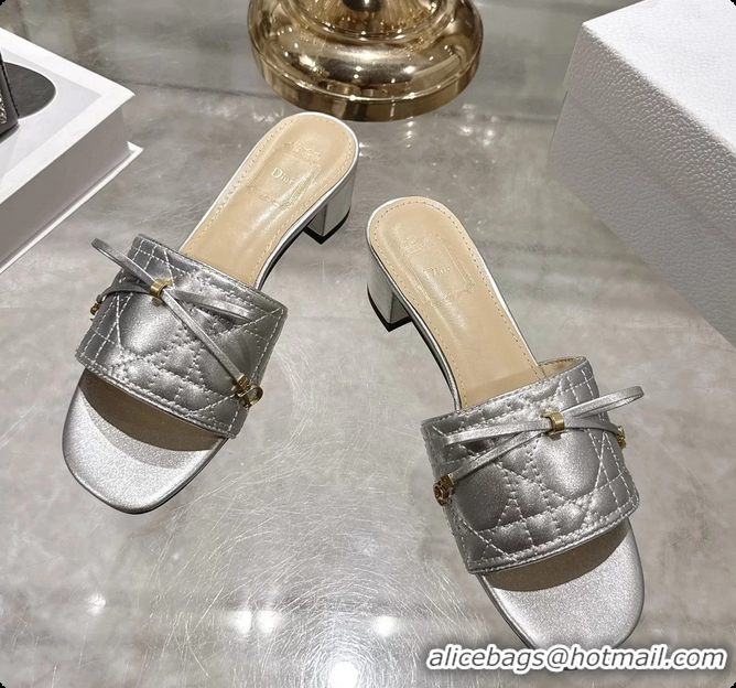 Grade Dior Cannage Heeled Slide Sandals Shoes Silver Quilted Cannage Lambskin 50MM 6062409
