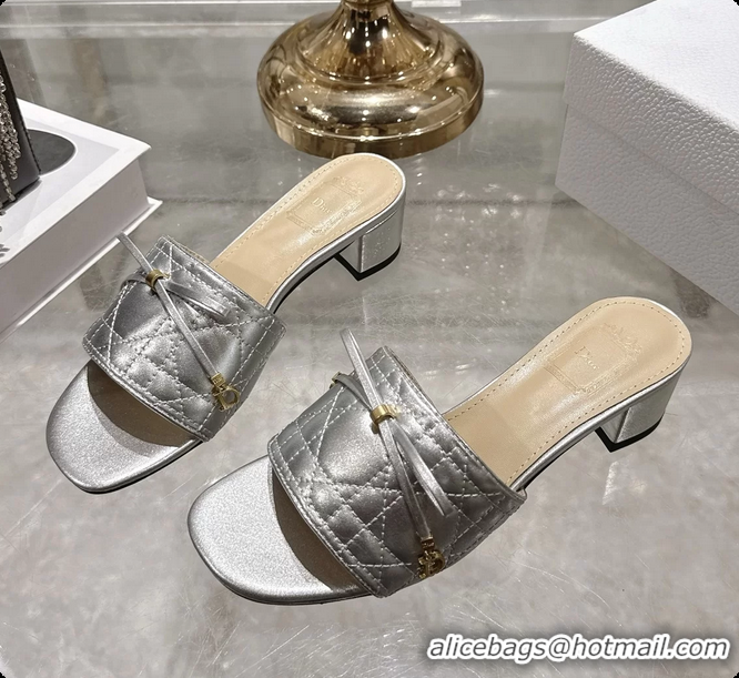 Grade Dior Cannage Heeled Slide Sandals Shoes Silver Quilted Cannage Lambskin 50MM 6062409