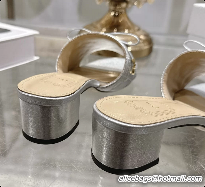Grade Dior Cannage Heeled Slide Sandals Shoes Silver Quilted Cannage Lambskin 50MM 6062409