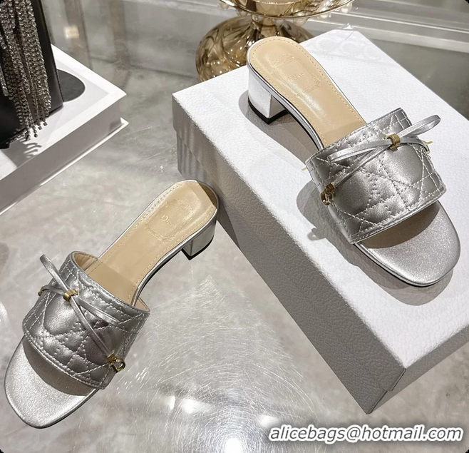 Grade Dior Cannage Heeled Slide Sandals Shoes Silver Quilted Cannage Lambskin 50MM 6062409