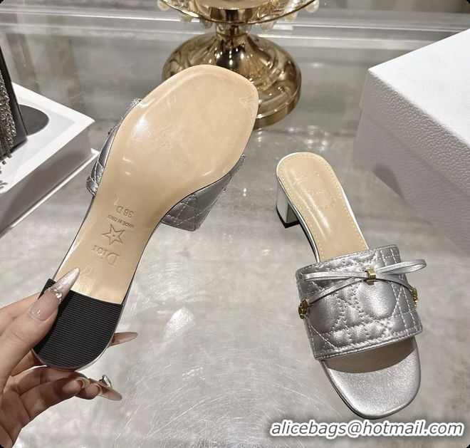 Grade Dior Cannage Heeled Slide Sandals Shoes Silver Quilted Cannage Lambskin 50MM 6062409
