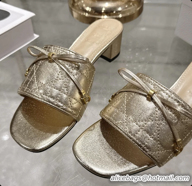 Buy Luxury Dior Cannage Heeled Slide Sandals Shoes Gold Quilted Cannage Lambskin 50MM 6062409