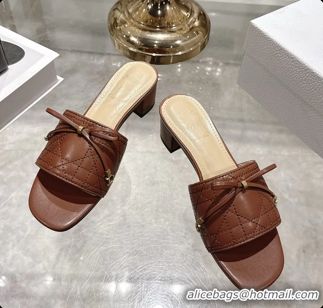Purchase Dior Cannage Heeled Slide Sandals Shoes Brown Quilted Cannage Lambskin 50MM 6062409