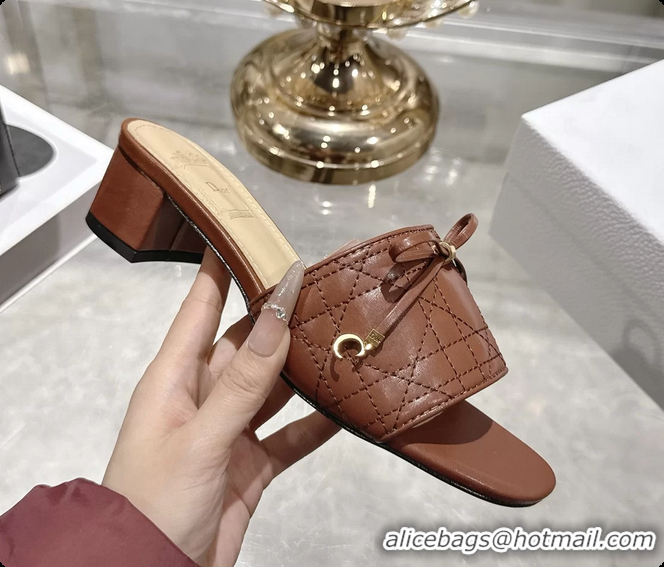 Purchase Dior Cannage Heeled Slide Sandals Shoes Brown Quilted Cannage Lambskin 50MM 6062409