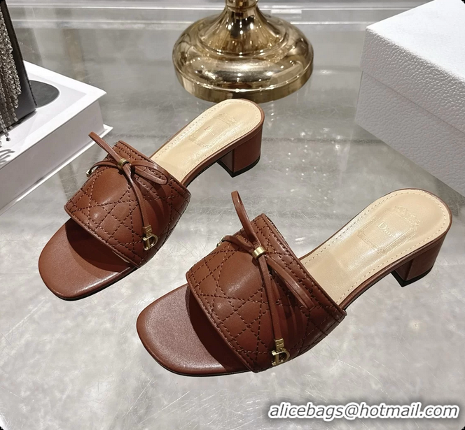 Purchase Dior Cannage Heeled Slide Sandals Shoes Brown Quilted Cannage Lambskin 50MM 6062409