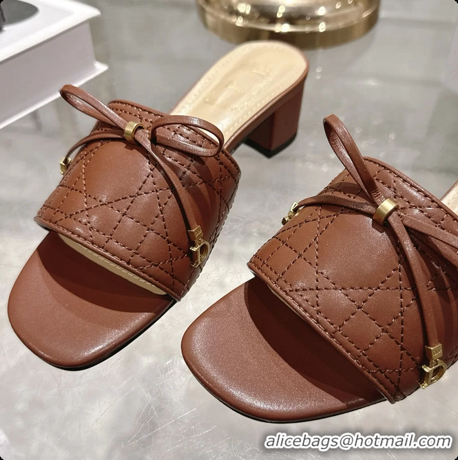Purchase Dior Cannage Heeled Slide Sandals Shoes Brown Quilted Cannage Lambskin 50MM 6062409