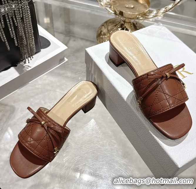 Purchase Dior Cannage Heeled Slide Sandals Shoes Brown Quilted Cannage Lambskin 50MM 6062409