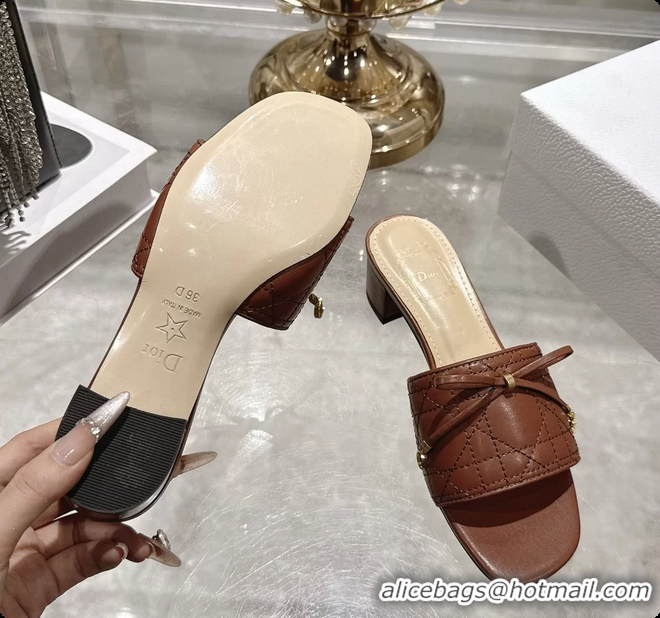 Purchase Dior Cannage Heeled Slide Sandals Shoes Brown Quilted Cannage Lambskin 50MM 6062409