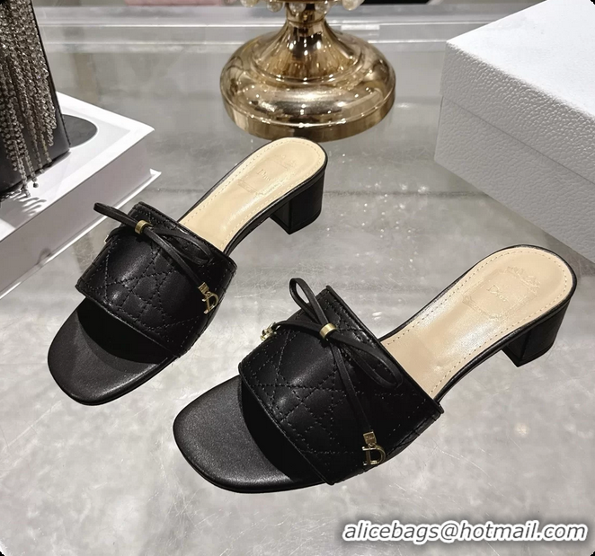 Original Cheap Dior Cannage Heeled Slide Sandals Shoes Black Quilted Cannage Lambskin 50MM 6062409