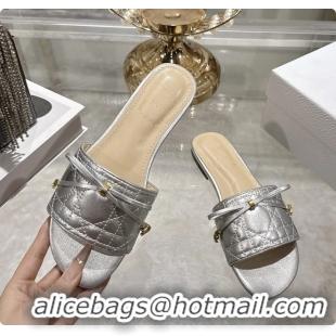 Stylish Dior Cannage Flat Slide Sandals Shoes Silver Quilted Cannage Lambskin 6062409