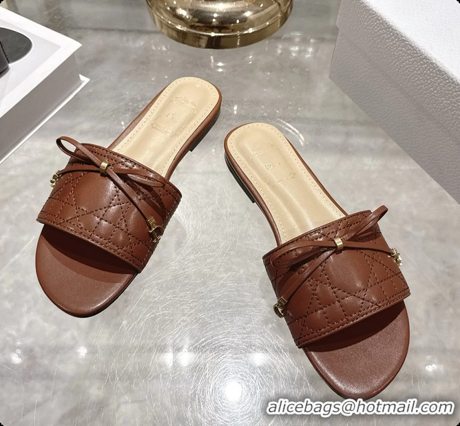 Best Price Dior Cannage Flat Slide Sandals Shoes Brown Quilted Cannage Lambskin 6062409