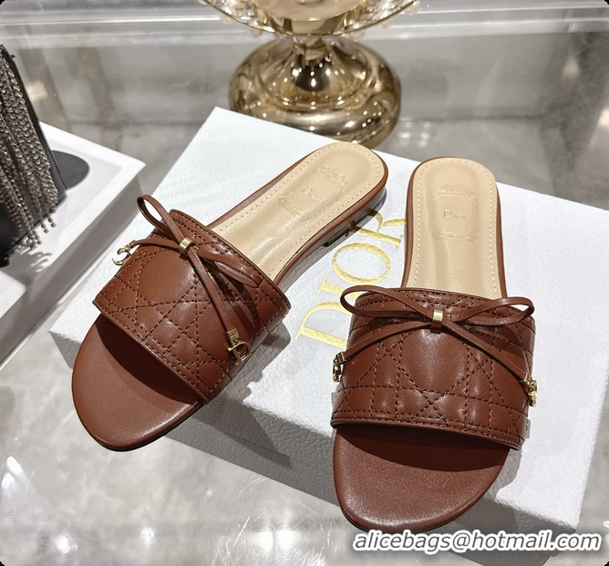 Best Price Dior Cannage Flat Slide Sandals Shoes Brown Quilted Cannage Lambskin 6062409