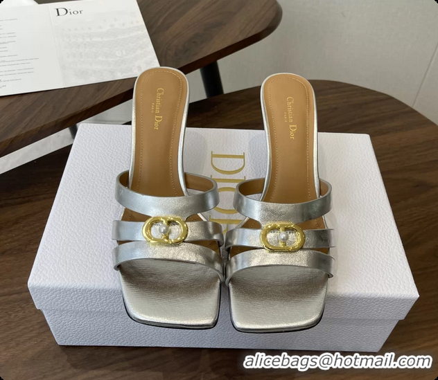 Grade Quality Dior or 30M Heeled Slides Sandals Shoes Silver Patent Calfskin Leather 6062508