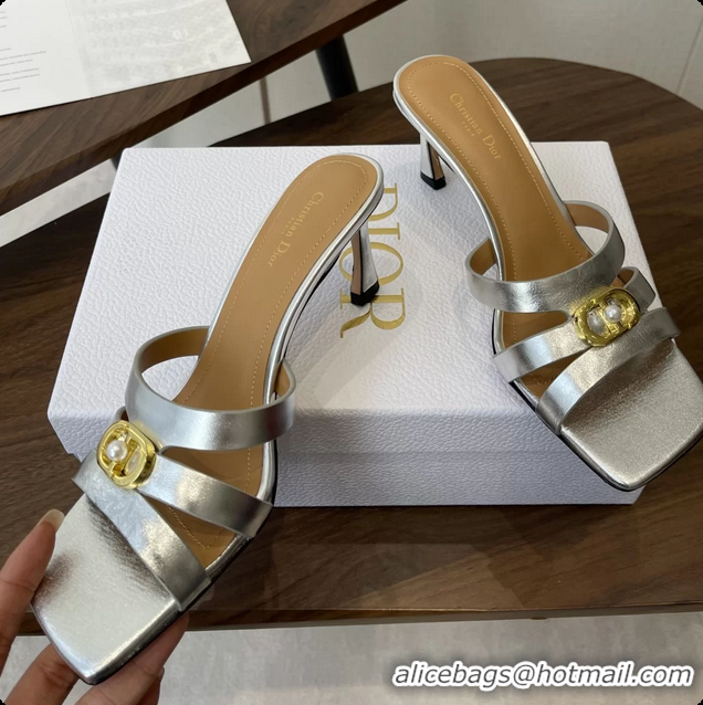 Grade Quality Dior or 30M Heeled Slides Sandals Shoes Silver Patent Calfskin Leather 6062508