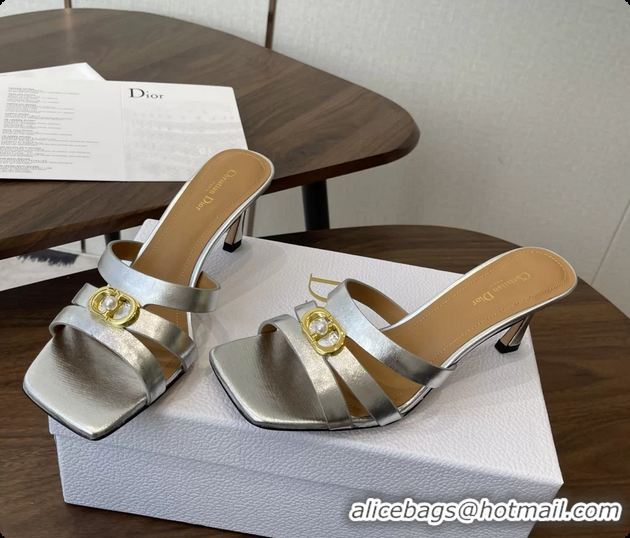 Grade Quality Dior or 30M Heeled Slides Sandals Shoes Silver Patent Calfskin Leather 6062508