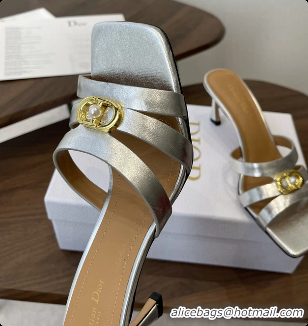 Grade Quality Dior or 30M Heeled Slides Sandals Shoes Silver Patent Calfskin Leather 6062508
