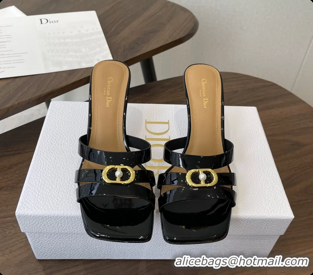 Duplicate Dior or 30M Heeled Slides Sandals Shoes Black Patent Calfskin Leather 70MM 6062508