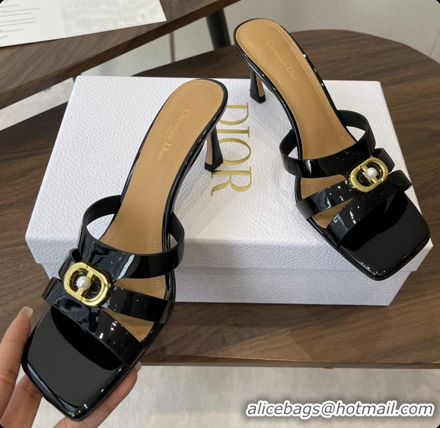 Duplicate Dior or 30M Heeled Slides Sandals Shoes Black Patent Calfskin Leather 70MM 6062508