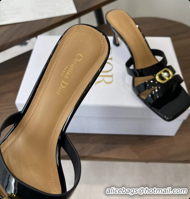 Duplicate Dior or 30M Heeled Slides Sandals Shoes Black Patent Calfskin Leather 70MM 6062508