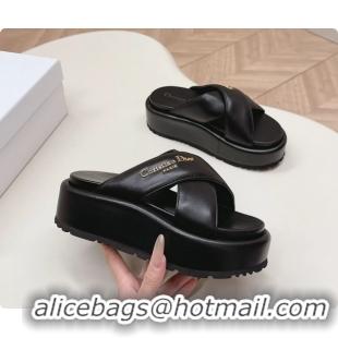 Stylish Dior D Lane Platform Slides Sandals Shoes Black Padded Lambskin Leather 6062509
