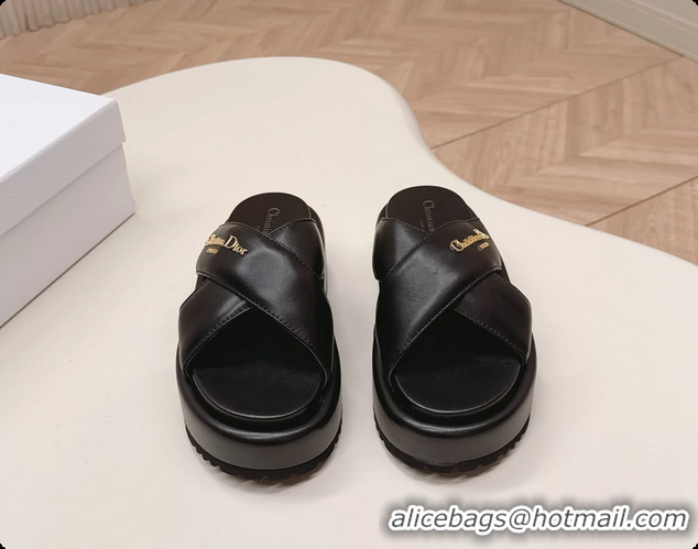 Stylish Dior D Lane Platform Slides Sandals Shoes Black Padded Lambskin Leather 6062509