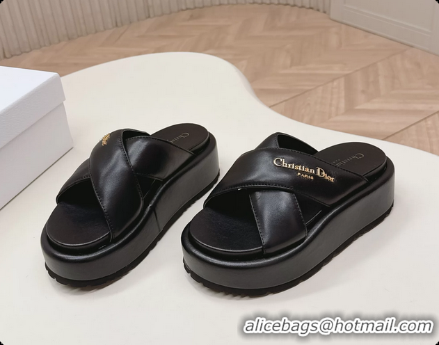 Stylish Dior D Lane Platform Slides Sandals Shoes Black Padded Lambskin Leather 6062509