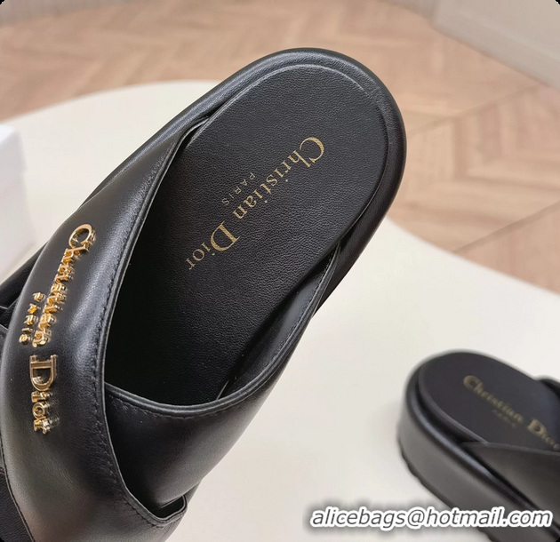 Stylish Dior D Lane Platform Slides Sandals Shoes Black Padded Lambskin Leather 6062509
