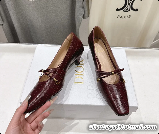 Hot Style Dior Muse Pumps Shoes Burgundy Crocodile Printed Calfskin Leather 35MM 6062511