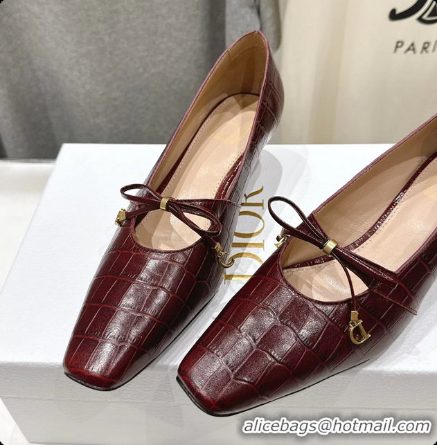 Hot Style Dior Muse Pumps Shoes Burgundy Crocodile Printed Calfskin Leather 35MM 6062511