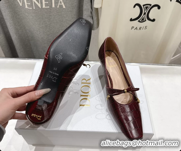 Hot Style Dior Muse Pumps Shoes Burgundy Crocodile Printed Calfskin Leather 35MM 6062511