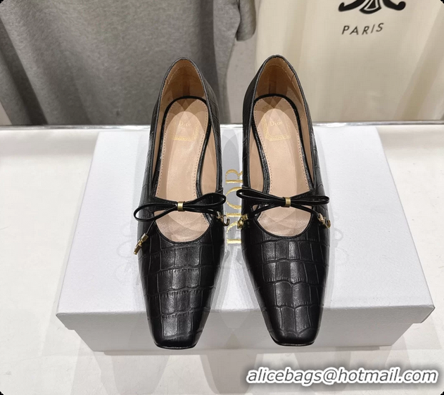 Perfect Dior Muse Pumps Shoes Black Crocodile Printed Calfskin Leather 35MM 6062511