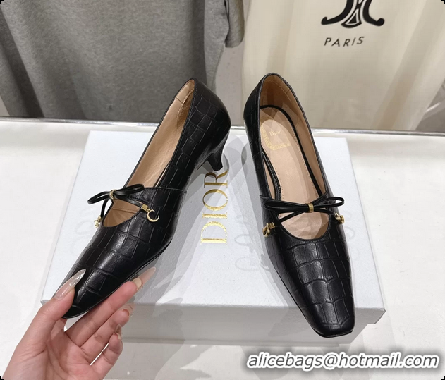 Perfect Dior Muse Pumps Shoes Black Crocodile Printed Calfskin Leather 35MM 6062511