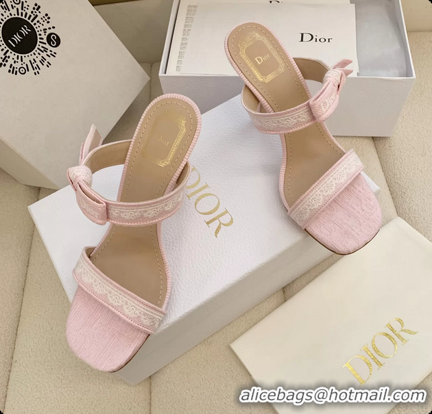 Low Price Dior Heeled Sandals Shoes with Jadior Strap Pink Embroidered Cotton 100MM 6062512