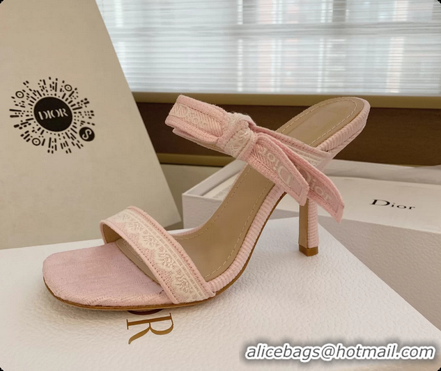 Low Price Dior Heeled Sandals Shoes with Jadior Strap Pink Embroidered Cotton 100MM 6062512