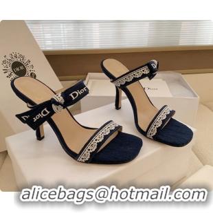 Charming Dior Heeled Sandals Shoes with Jadior Strap Navy Blue Embroidered Cotton 100MM 6062512