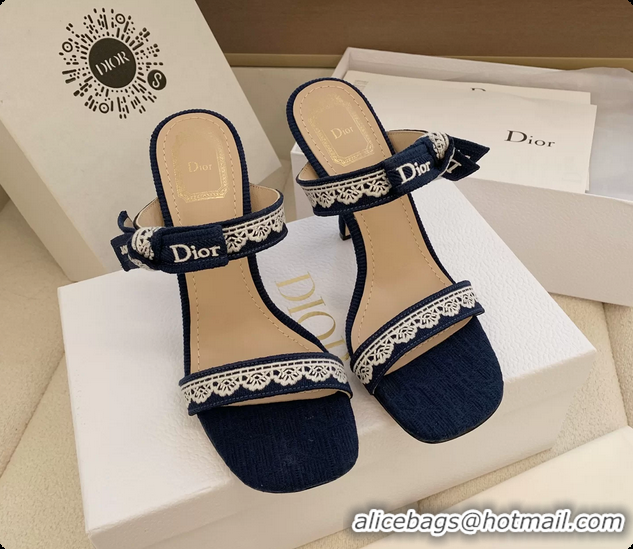 Charming Dior Heeled Sandals Shoes with Jadior Strap Navy Blue Embroidered Cotton 100MM 6062512